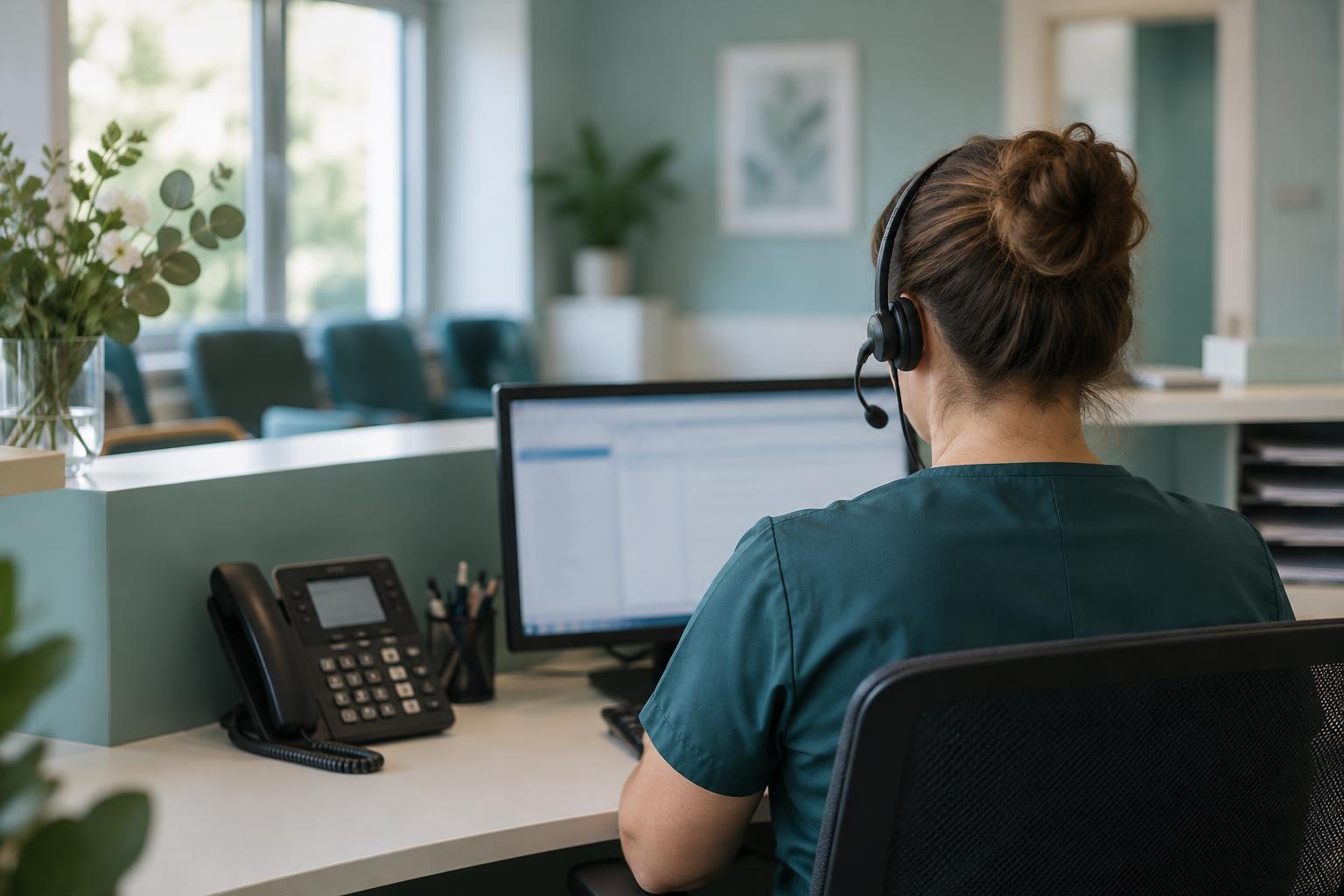 Telefon mit Headset und Computer an einem Praxisempfang in gedeckten Blaugrüntönen.