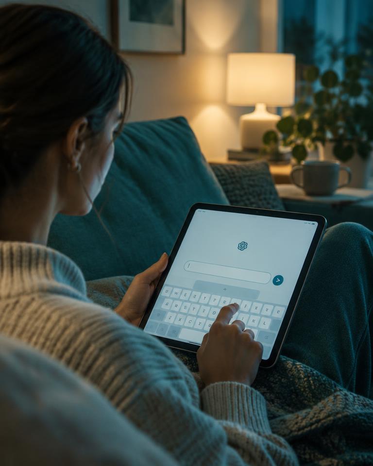 Frau stellt auf dem Tablet eine Frage an eine KI-Suche
